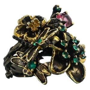 Whimsical Sterling Silver Vermeil Garden Ring Dragonflies Green Pink Stones 8.5